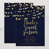 Invitation Blue Gold Rustic Wood & Lights Sweet 16 (Devant / Derrière)