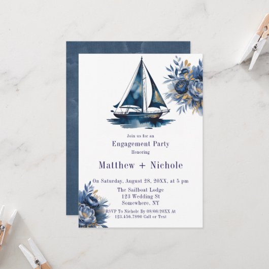 Invitation Blue & Gold Sailboat Nautical Engagement Party (Devant/Arrière en situation)