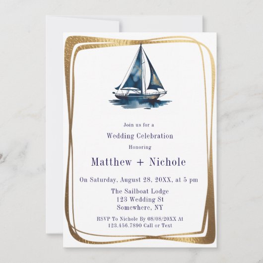 Invitation Blue & Gold Sailboat Nautical Wedding Celebration  (Devant)