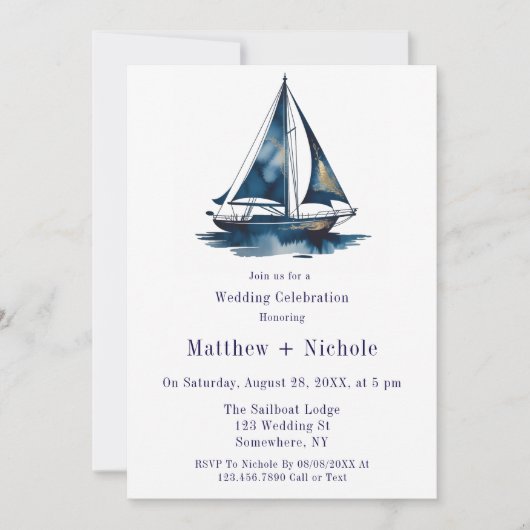 Invitation Blue & Gold Sailboat Nautical Wedding Celebration (Devant)