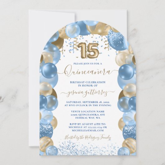 Invitation Blue Gold Sparkle Photo Quinceañera Balloon (Devant)