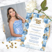 Invitation Blue Gold Sparkle Photo Quinceañera Balloon