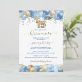 Invitation Blue Gold Sparkle Photo Quinceañera Balloon (Debout devant)
