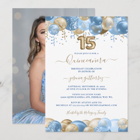 Invitation Blue Gold Sparkle Photo Quinceañera Balloon (Devant / Derrière)