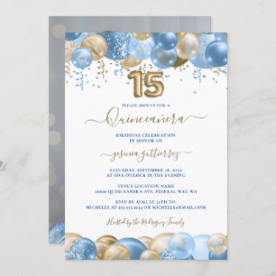 Invitation Blue Gold Sparkle Photo Quinceañera Balloon