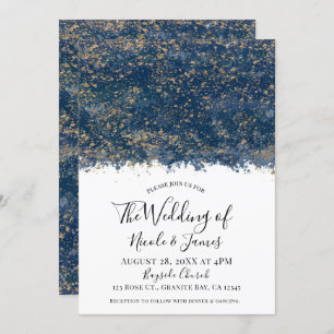 Invitation Blue Gold Splatter moderne Glam Mariage mariage