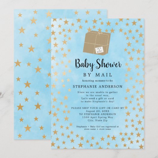 Invitation Blue Gold Star Boy Baby shower par courrier (Devant / Derrière)