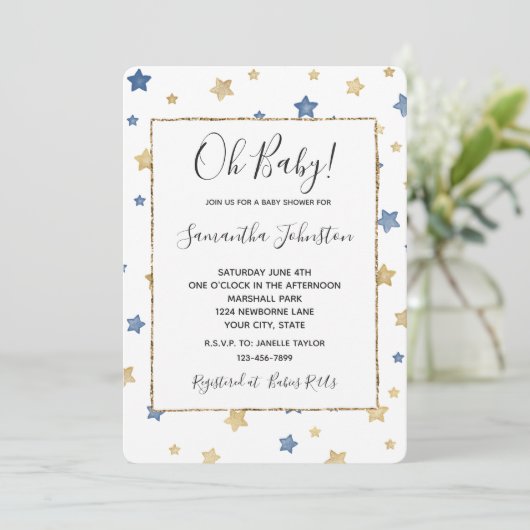 Invitation Blue Gold Stars Baby shower blanc (Debout devant)