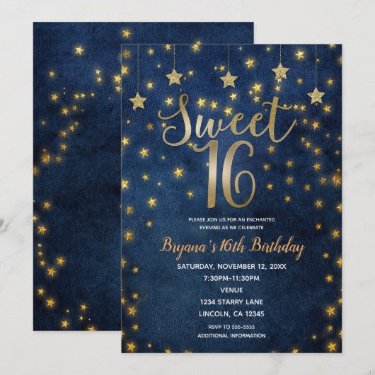 Invitation Blue & Gold Stars Celestial Sky Sweet 16 Party (Devant / Derrière)