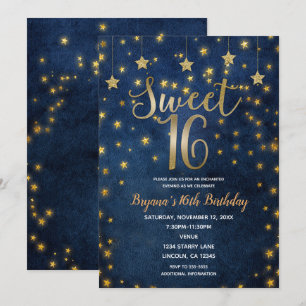 Invitation Blue & Gold Stars Celestial Sky Sweet 16 Party