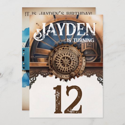 Invitation Blue Gold Steampunk fête d'anniversaire (Devant / Derrière)