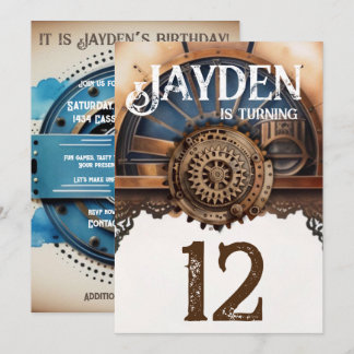 Invitation Blue Gold Steampunk fête d'anniversaire