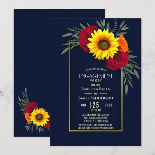 Invitation Blue Gold Sunflower Red Rose Engagement (Devant / Derrière)