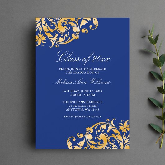 Invitation Blue Gold Swirl Graduation Party