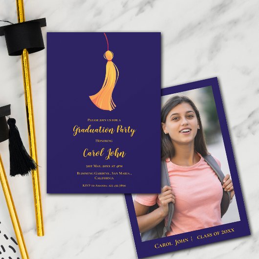 Invitation Blue Gold Tassel Cute Photo 2025 Graduation Party