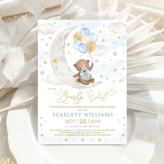 Invitation Blue Gold Teddy Bear Lune Stars Baby Boy Douche