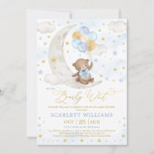 Invitation Blue Gold Teddy Bear Lune Stars Baby Boy Douche (Devant)