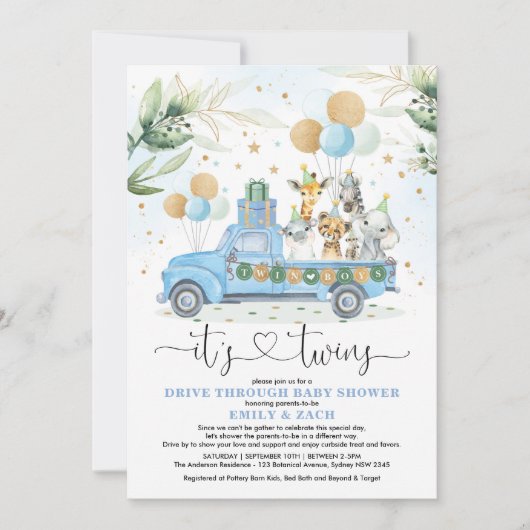Invitation Blue Gold Twin Boys Jungle Drive Thru Baby shower (Devant)