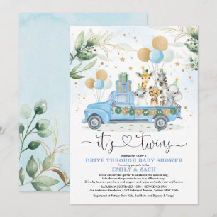 Invitation Blue Gold Twin Boys Jungle Drive Thru Baby shower