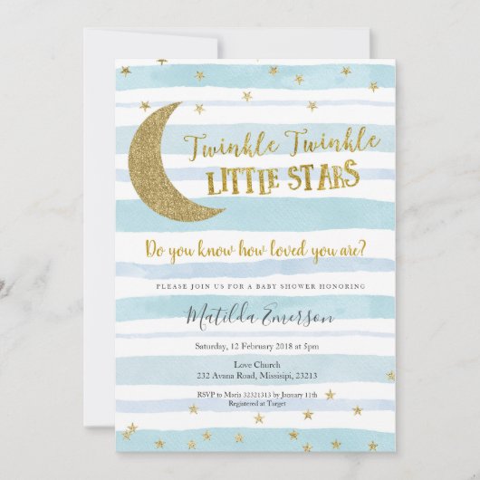 Invitation Blue Gold Twinkle Little Star Baby shower (Devant)