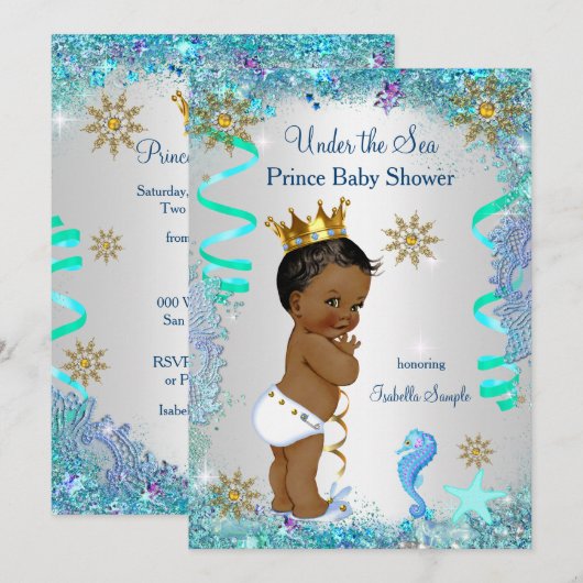 Invitation Blue Gold Under the Sea Prince Baby shower Ethniqu (Devant / Derrière)