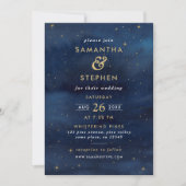 Invitation Blue & Gold Watercolor Starry Night Sky Mariage (Devant)