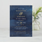 Invitation Blue & Gold Watercolor Starry Night Sky Mariage (Debout devant)