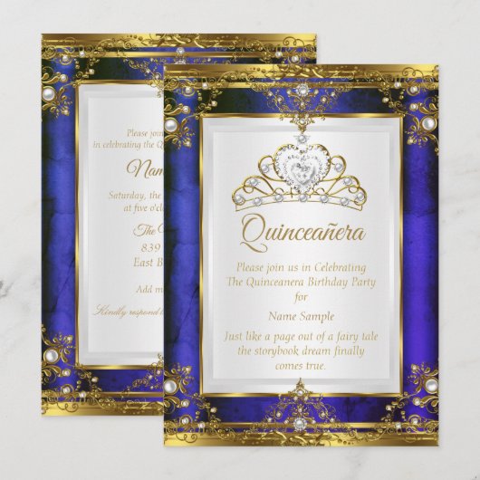 Invitation Blue Gold White Pearl Princess Quinceanera (Devant / Derrière)