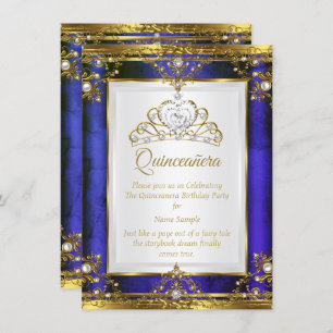 Invitation Blue Gold White Pearl Princess Quinceanera