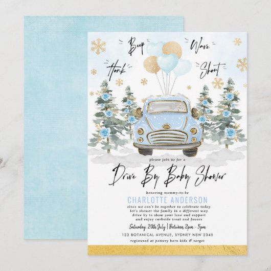 Invitation Blue Gold Winter Drive Thru Baby Boy Douche (Devant / Derrière)