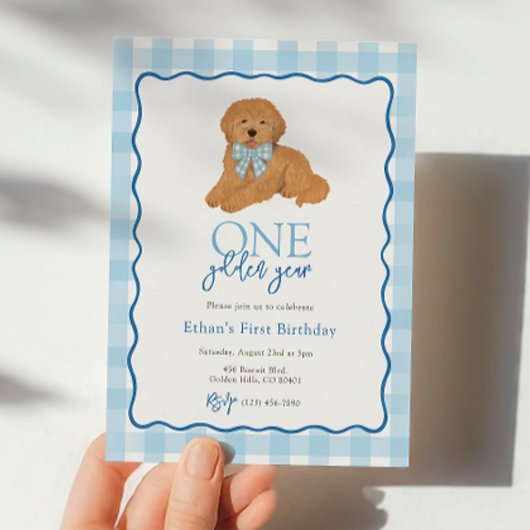 Invitation Blue Goldendoodle Dog Golden Year First Birthday