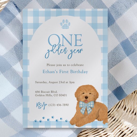 Invitation Blue Goldendoodle Dog One Golden Year Birthday