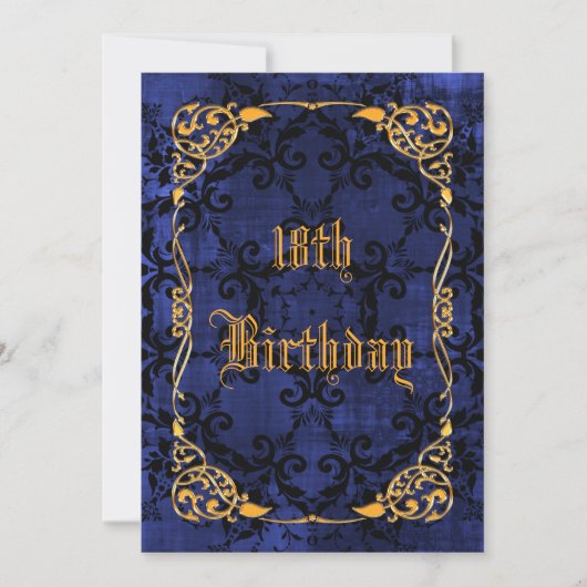 Invitation Blue Gothic & Gold encadré 18e anniversaire (Devant)