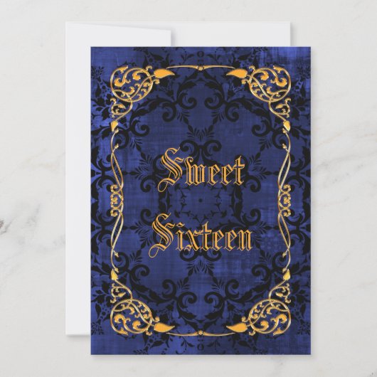 Invitation Blue Gothic & Gold Framed Sweet 16 (Devant)