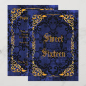 Invitation Blue Gothic & Gold Framed Sweet 16 (Devant / Derrière)