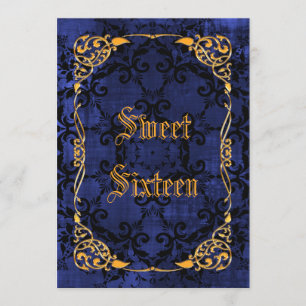 Invitation Blue Gothic & Gold Framed Sweet 16