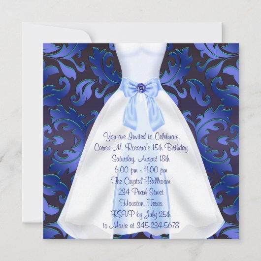 Invitation Blue Gown Blue Damask Quinceanera fête d'anniversa (Devant)