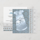 Invitation Blue Gown Brown Blue Damask Baby Boy Christening (Devant / Derrière)