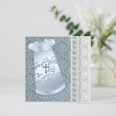Invitation Blue Gown Brown Blue Damask Baby Boy Christening (Debout devant)