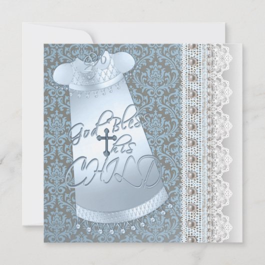 Invitation Blue Gown Brown Blue Damask Baby Boy Christening (Devant)