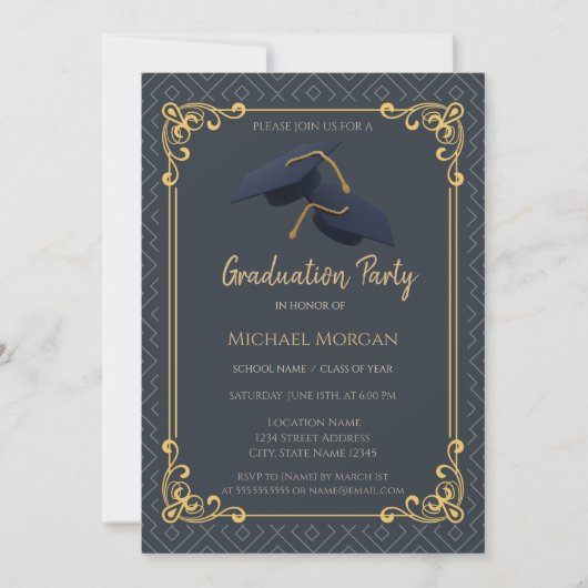 Invitation Blue Grad Cap Frame Geometric Blue Graduation (Devant)