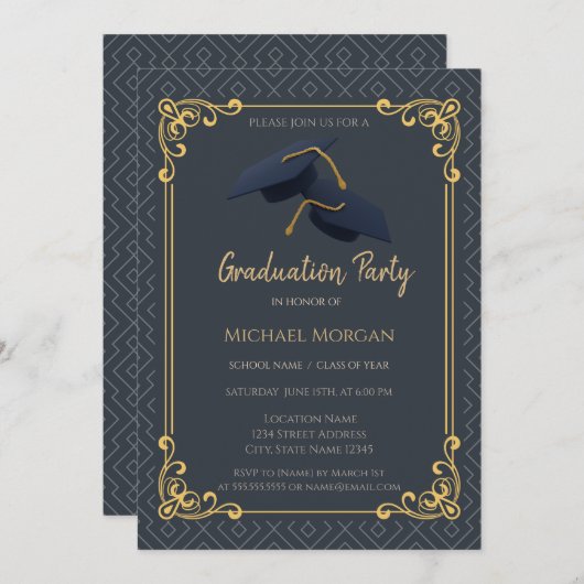 Invitation Blue Grad Cap Frame Geometric Blue Graduation (Devant / Derrière)