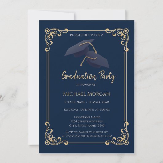 Invitation Blue Grad Cap Frame Navy Blue Graduation (Devant)