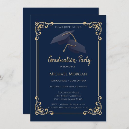 Invitation Blue Grad Cap Frame Navy Blue Graduation (Devant / Derrière)