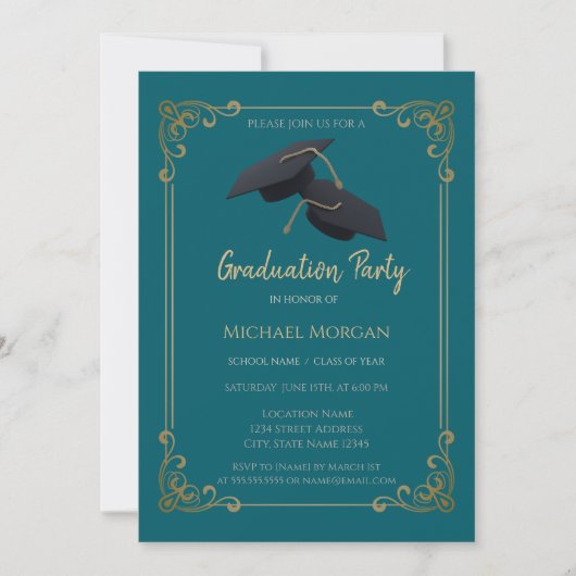 Invitation Blue Grad Cap Frame Teal Graduation (Devant)