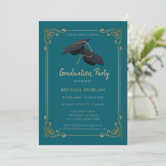 Invitation Blue Grad Cap Frame Teal Graduation (Debout devant)
