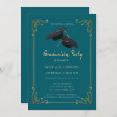 Invitation Blue Grad Cap Frame Teal Graduation (Devant / Derrière)