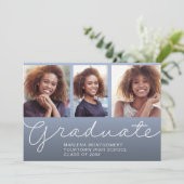 Invitation Blue Graduation Party 3 Photo Élégant Script (Debout devant)