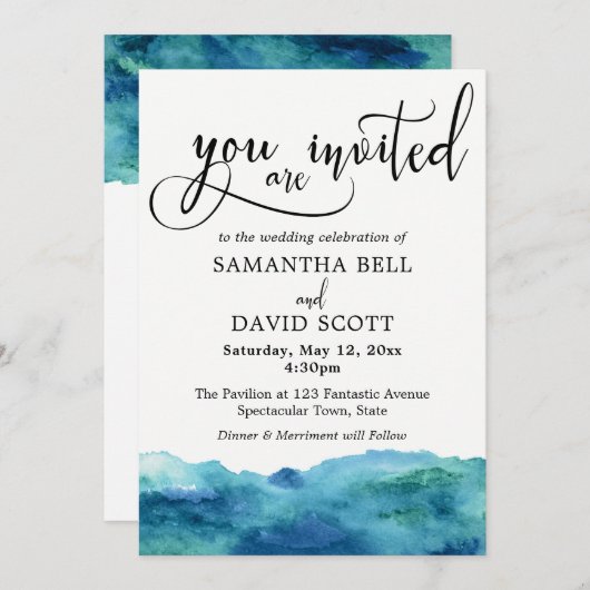 Invitation Blue Green Aqua Aquarelle Mariage moderne 2b (Devant / Derrière)