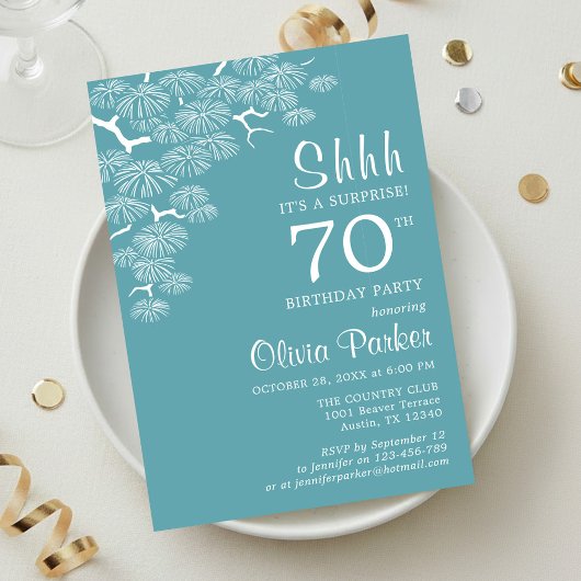 Invitation Blue Green Aqua Pine Branch Surprise 70th Birthday